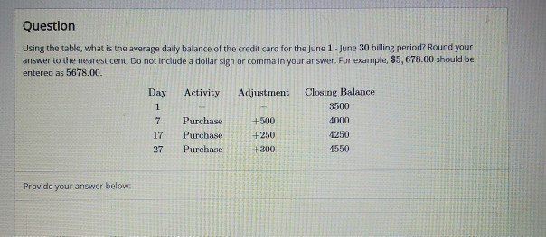 Question Using the table, what is the average daily balance of