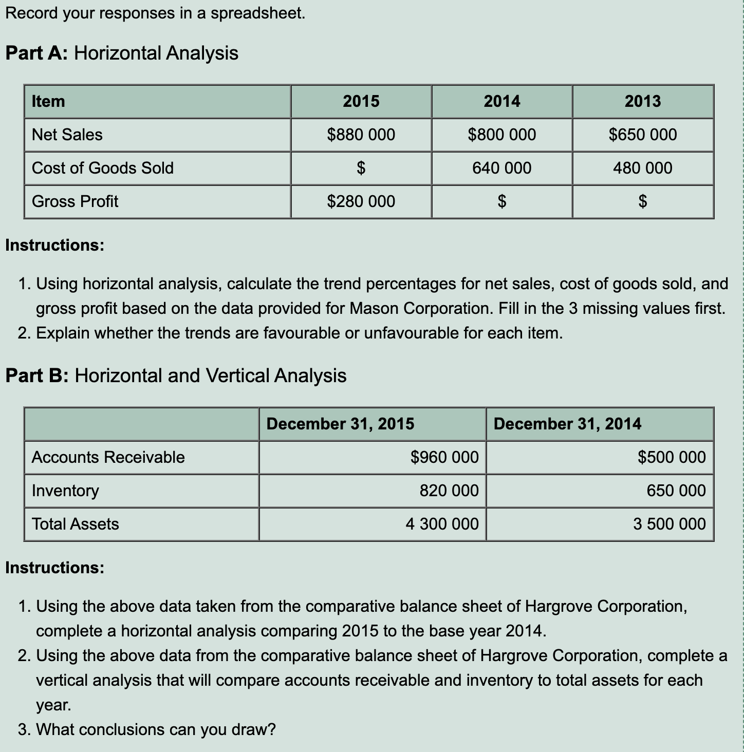 Record your responses in a spreadsheet. Part A: Horizontal Analysis Instructions: