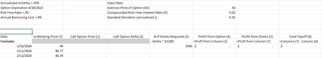  Please show formulas\table[[Annualized Volitlity =,=35%,,Input Data,,,,],[Option Expiriation 4/30/2023,,Exercise Price of Option