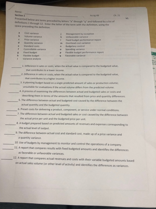  Name: Section 1 Acctg 40 Ch.21 Presented below are terms preceded