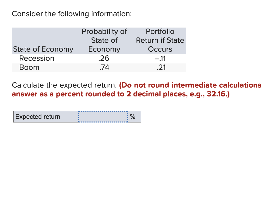  Consider the following information: Calculate the expected return. (Do not round