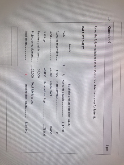  Question 9 5 pts Using the following balance sheet. Please calculate