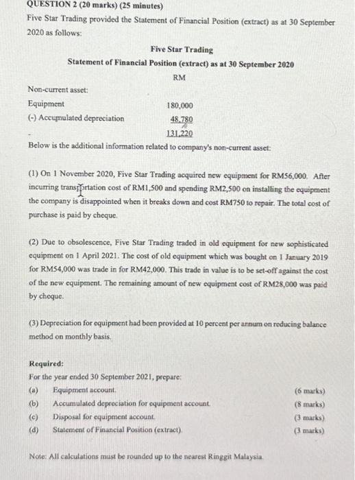  QUESTION 2 (20 marks) (25 minutes) Five Star Trading provided the