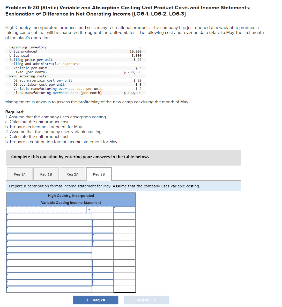Help asap Problem 6-20 (Static) Variable and Absorption Costing Unit Product Costs