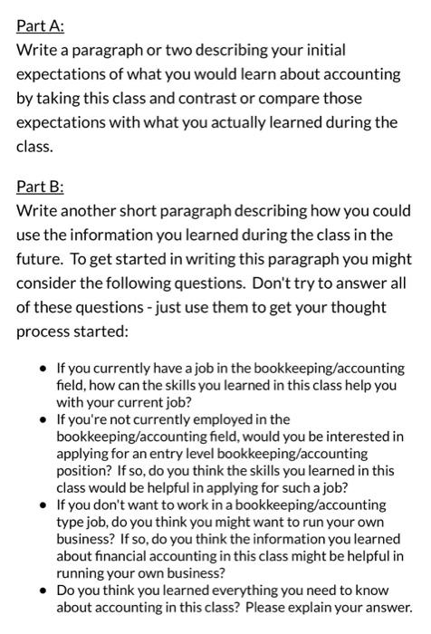  Part A: Write a paragraph or two describing your initial expectations