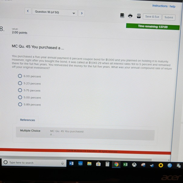  Instructions help Seve & Exit 11 Submit Question 18 (of 50)