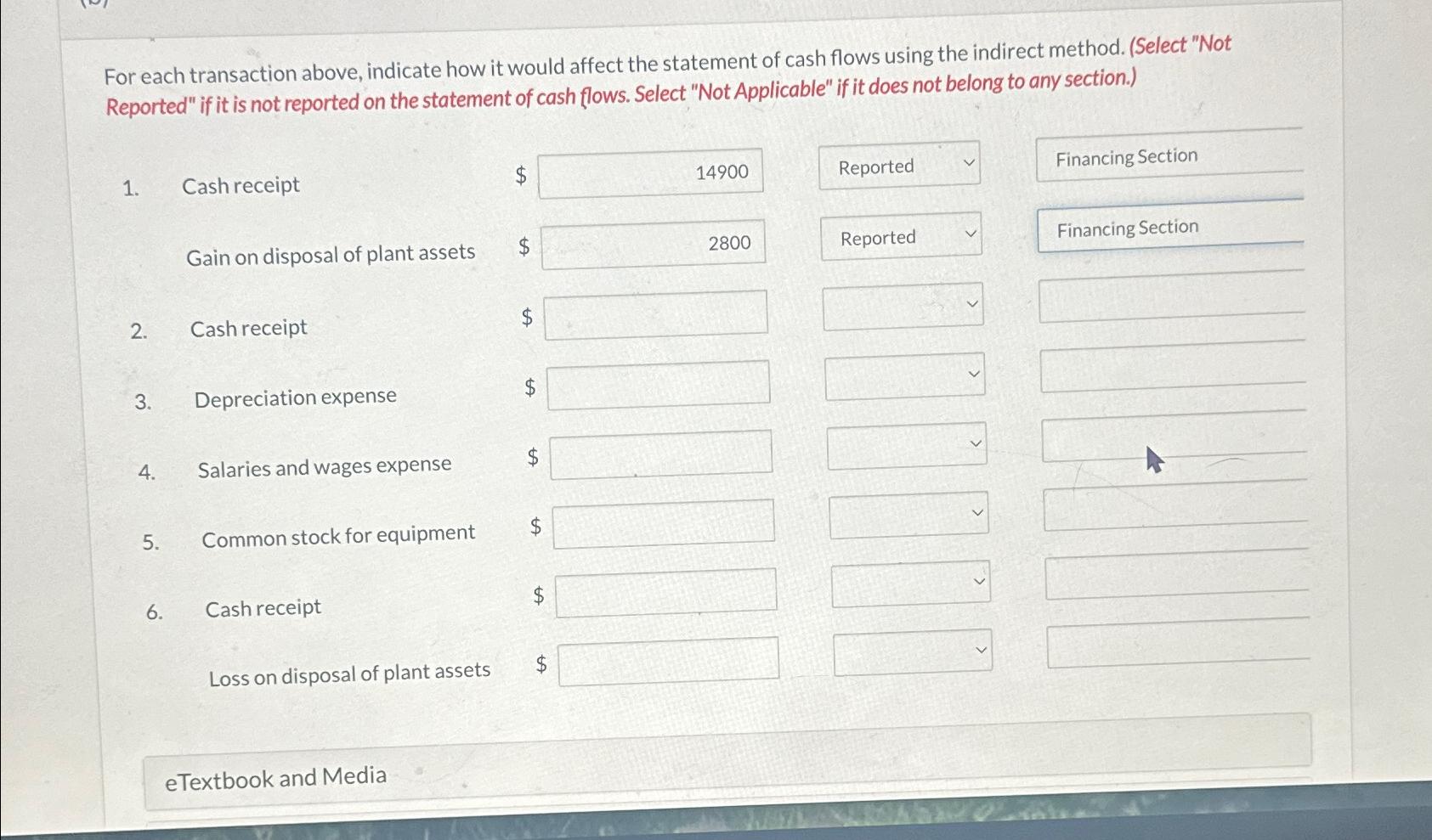 For each transaction above, indicate how it would affect the statement of