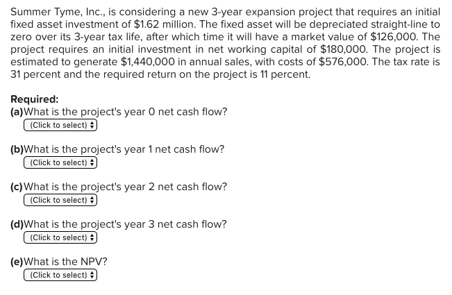  Summer Tyme, Inc., is considering a new 3-year expansion project that