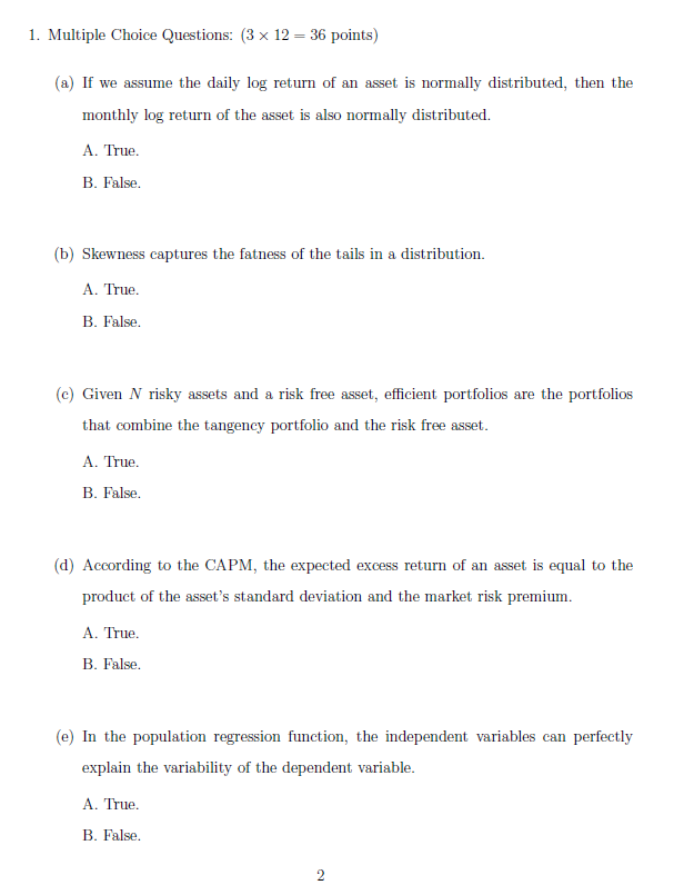 1. Multiple Choice Questions: (3 x 12 = 36 points) (a)