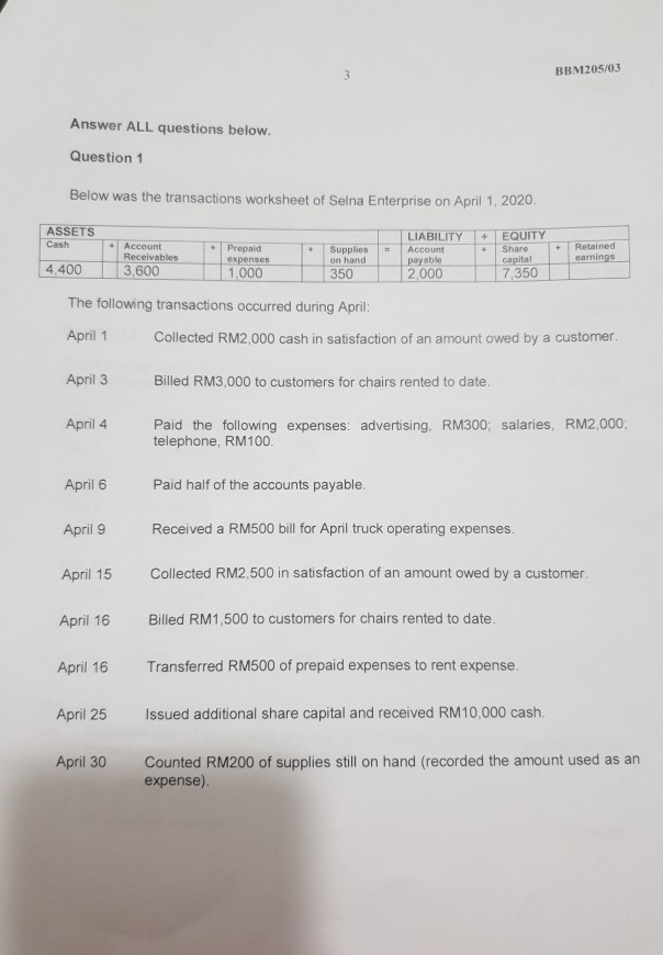 3 BBM205/03 Answer ALL questions below. Question 1 Below was the