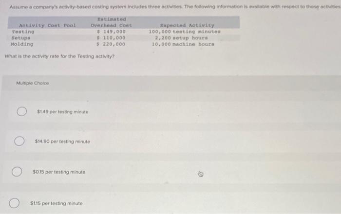  Assume a company's activity based costing system includes three activities. The