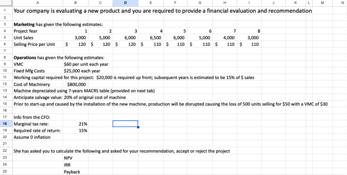 Please complete the Excel sheet showing the formulas used. Your company is