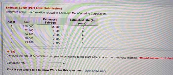  Exercise 11-09 (Part Level Submission) Presented below is information related to