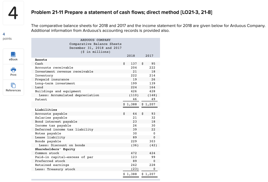 Problem 21-11 Prepare a statement of cash flows; direct method [LO21-3, 21-8]