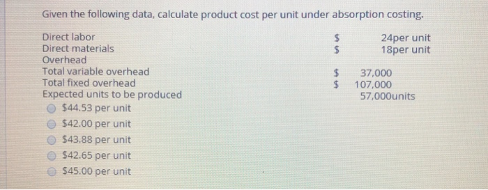  Given the following data, calculate product cost per unit under absorption