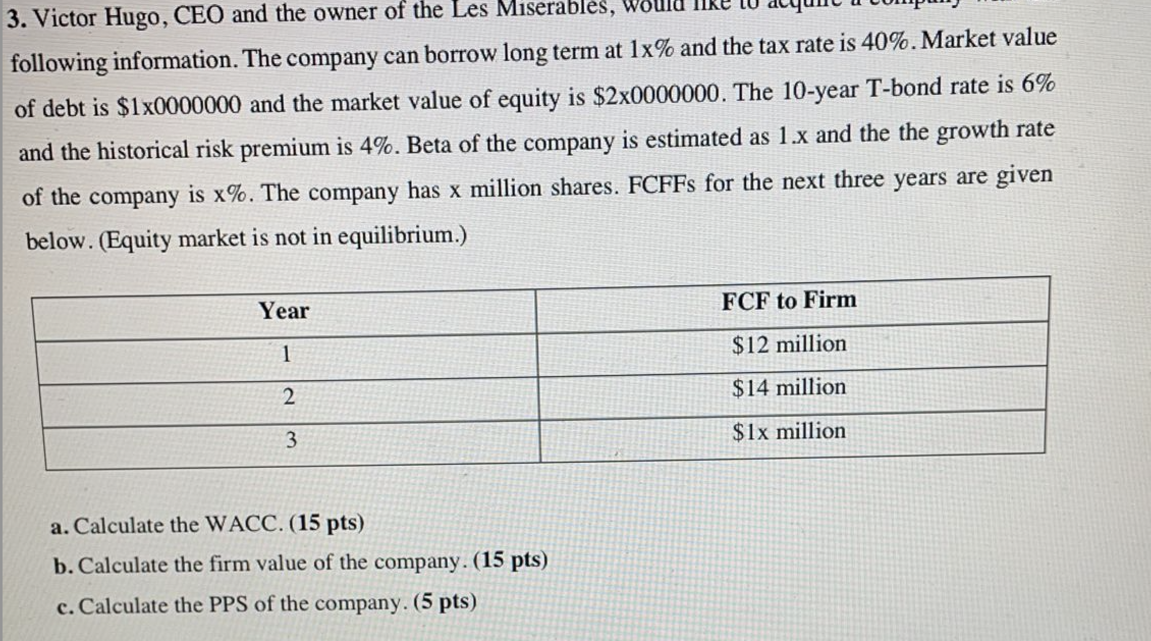  USE X =5 FOR EVERY X following information. The company can