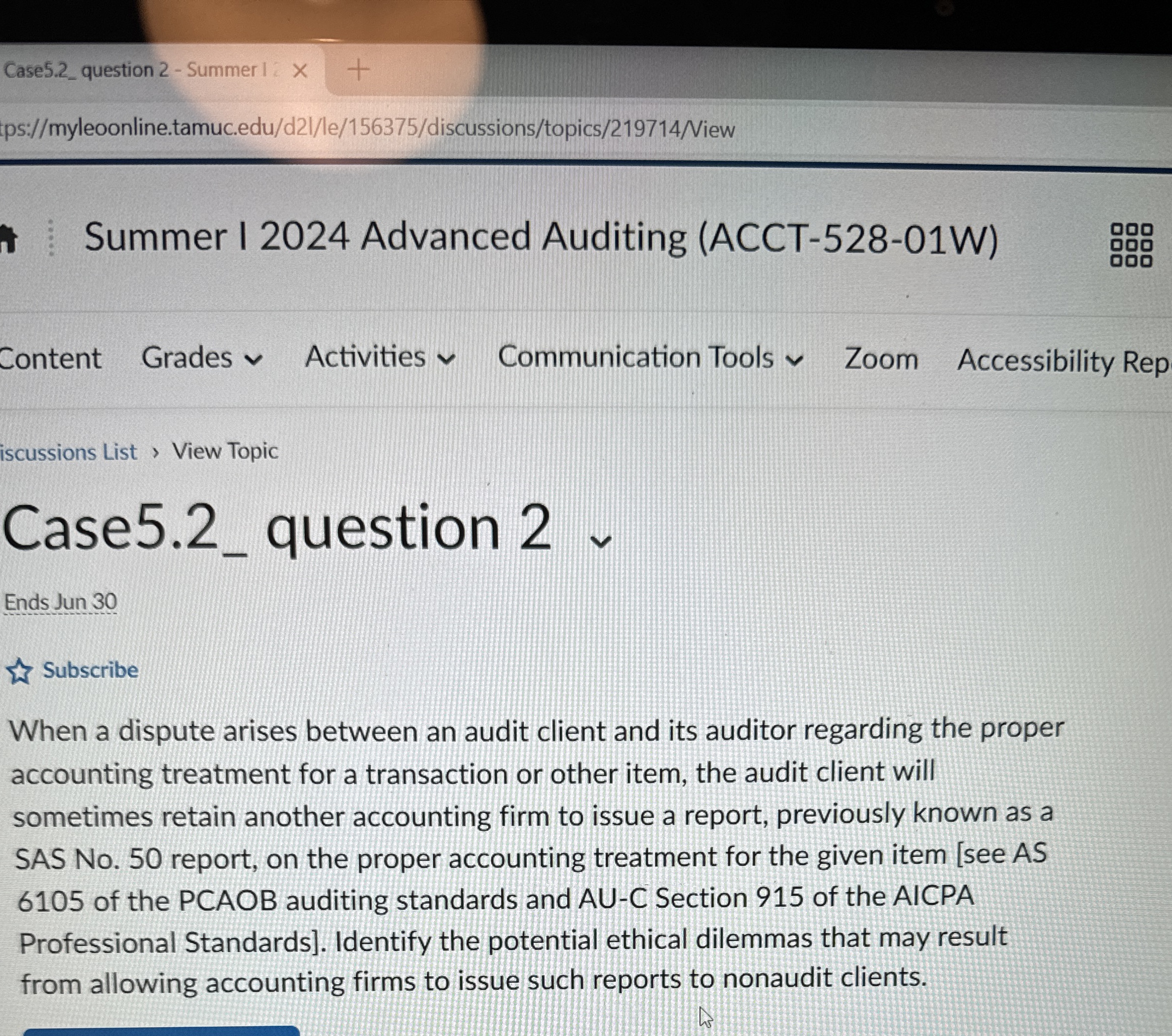  Case5.2_question 2- Summer 1 ps://myleoonline.tamuc.edu/d21/le/156375/discussions/topics/219714/Niew Summer I 2024 Advanced Auditing (ACCT-528-01W)