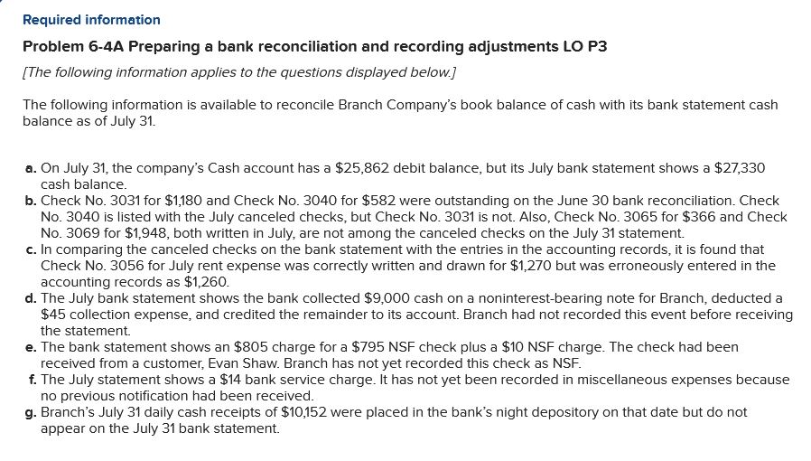 Required information Problem 6-4A Preparing a bank reconciliation and recording adjustments