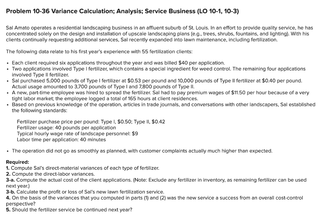 Problem 10-36 Variance Calculation; Analysis; Service Business (LO 10-1, 10-3) Sal