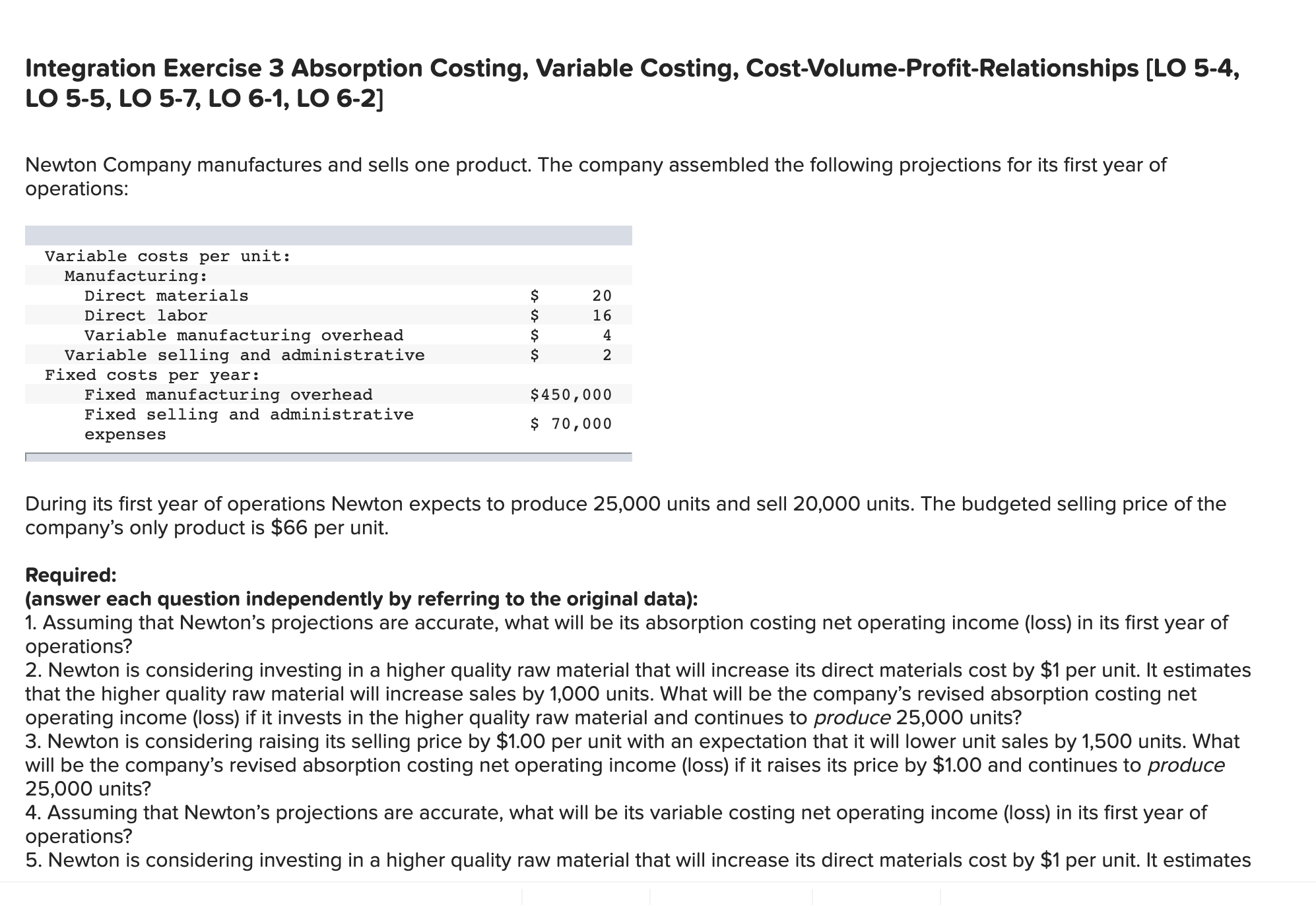  Integration Exercise 3 Absorption Costing, Variable Costing, Cost-Volume-Profit-Relationships (LO 5-4, LO