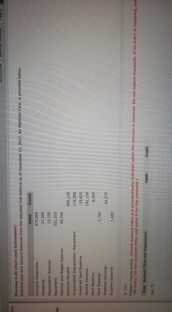 PRINTER Exercise 4-20 (Part Level Submission) Selected year-end account balances from