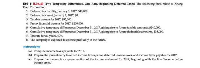  Exercise 19-5. Only (b) E19-5 (L01,2) (Two Temporary Differences, One Rate,