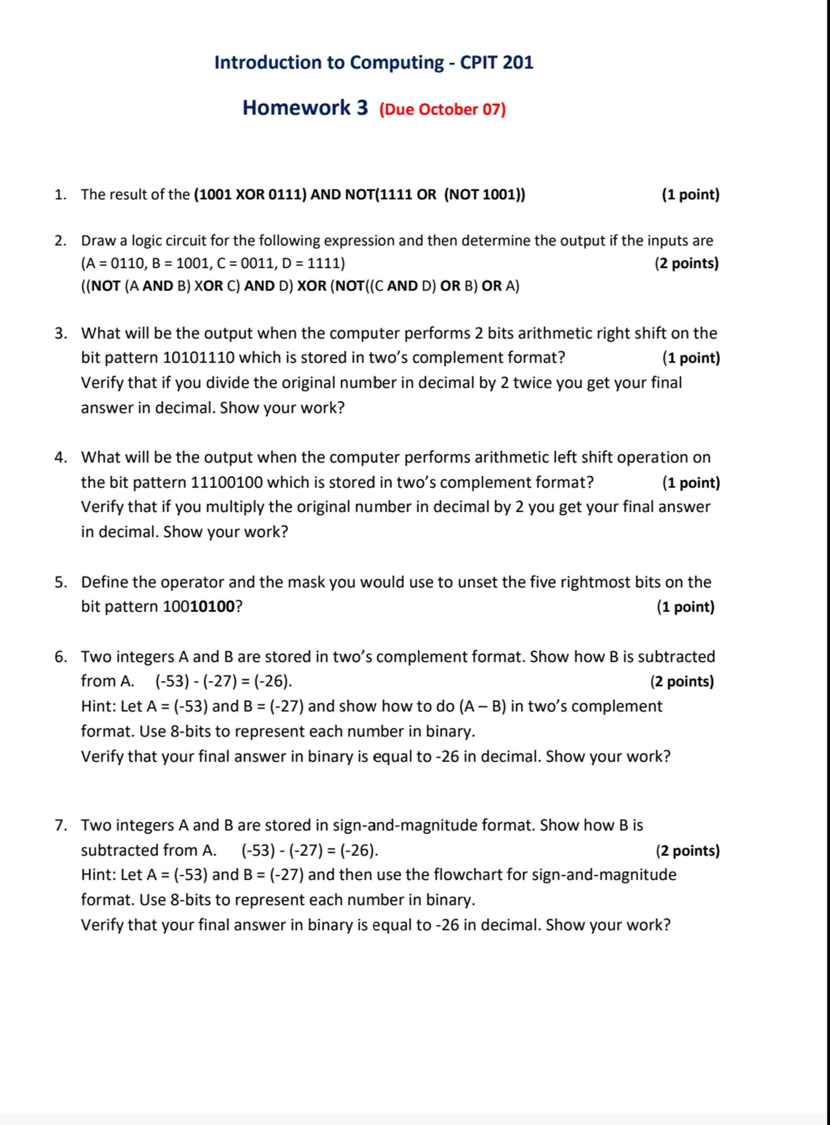  Introduction to Computing - CPIT 201 Homework 3(Due October 07) The