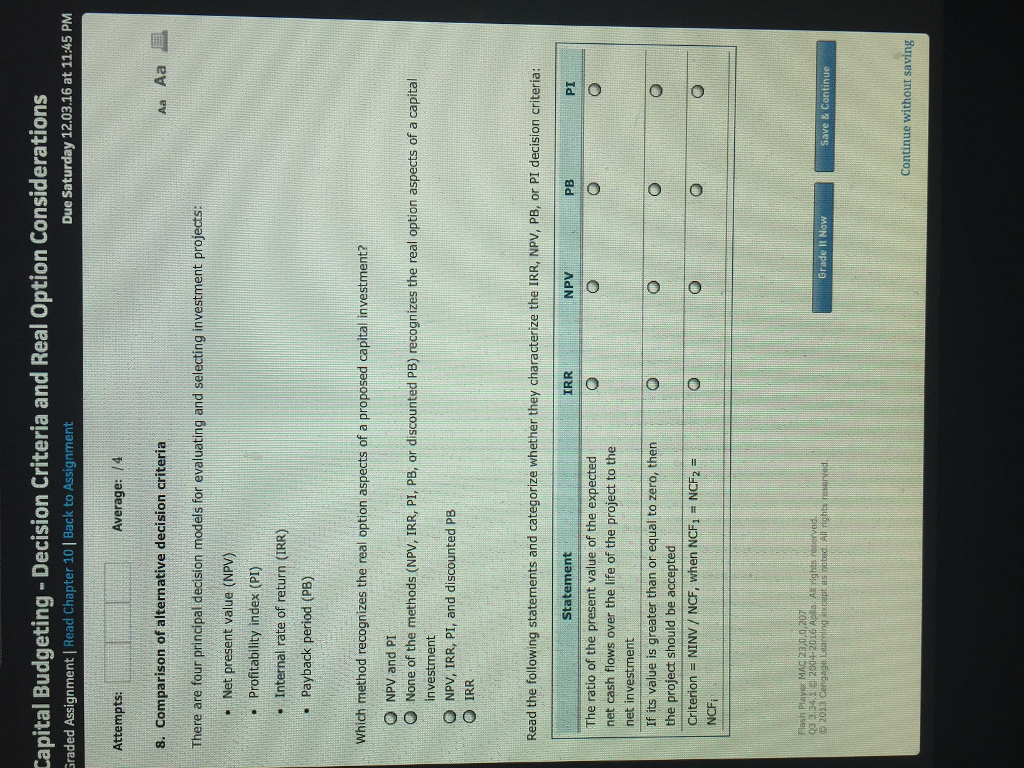 There are four principal decision models for evaluating and selecting investment