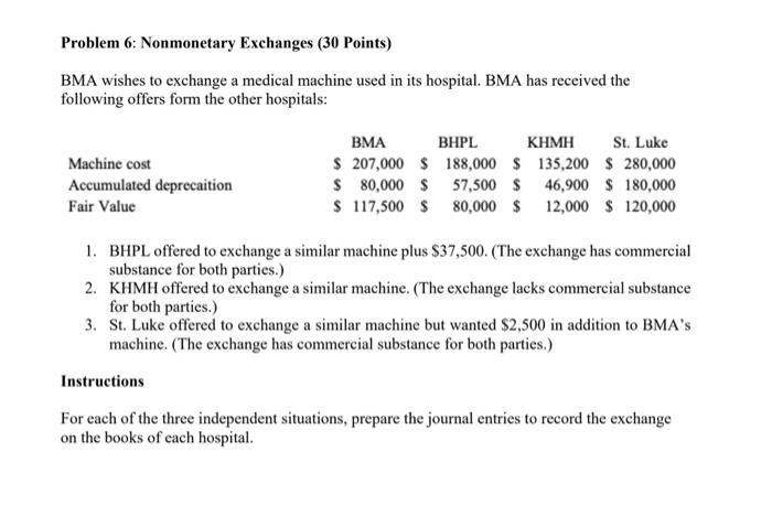  Problem 6: Nonmonetary Exchanges (30 Points) BMA wishes to exchange a