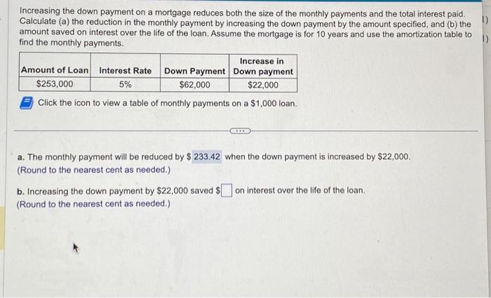  Increasing the down payment on a mortgage reduces both the size