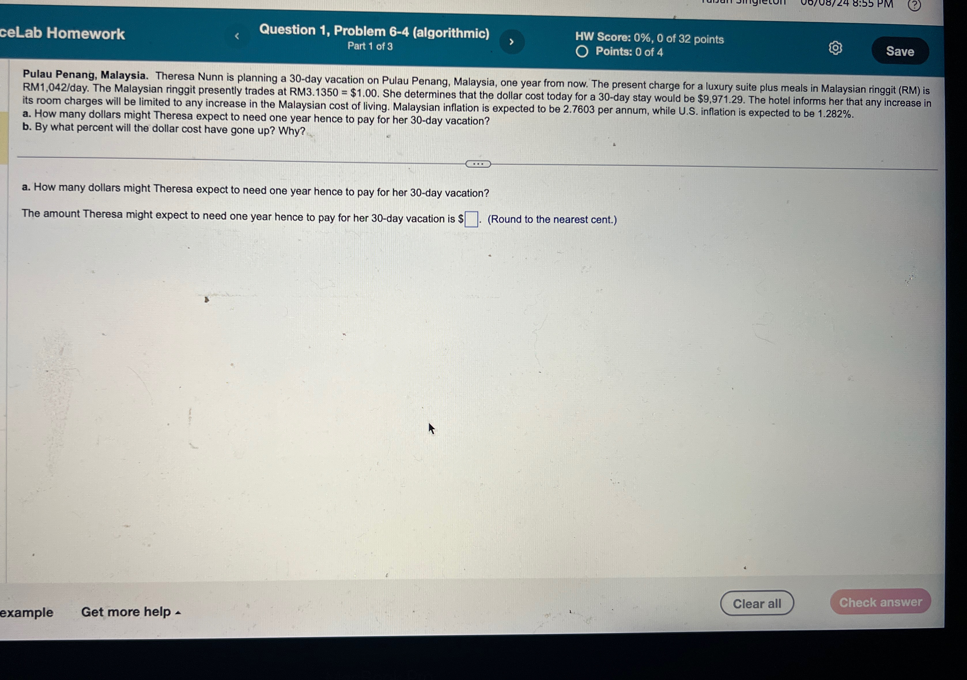  ceLab Homework Question 1, Problem 6-4(algorithmic) HW Score: 0%,0 of 32