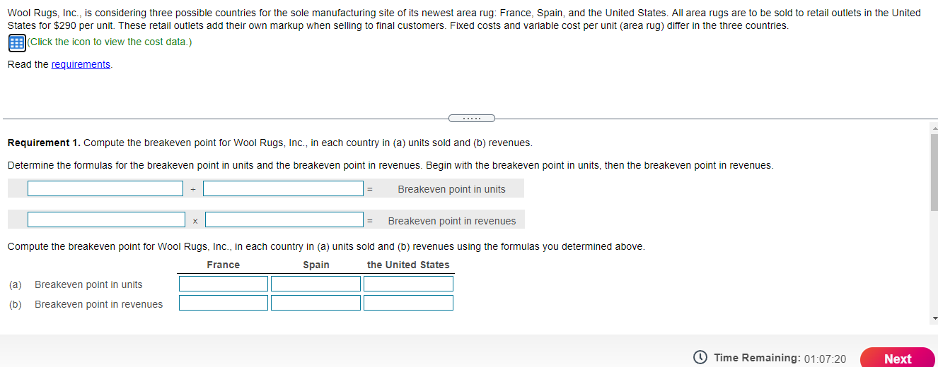  Wool Rugs, Inc., is considering three possible countries for the sole