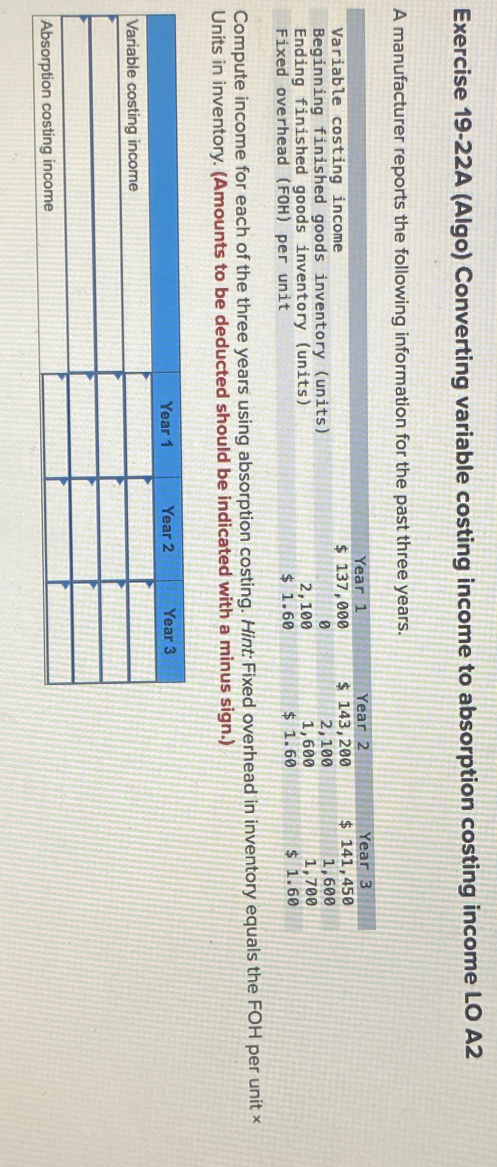 Exercise 19-22A (Algo) Converting variable costing income to absorption costing income