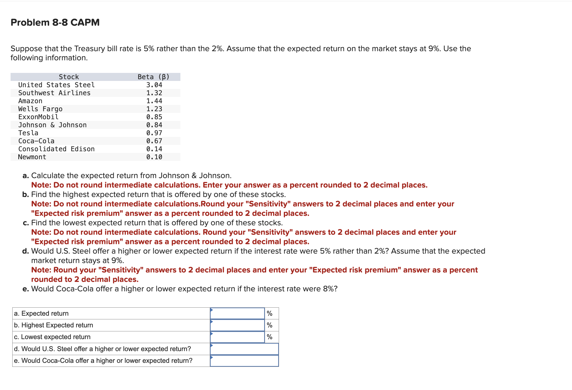  Problem 8-8 CAPM Suppose that the Treasury bill rate is 5%