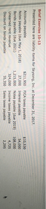  Brief Exercise 10-13 Presented here are liability items for Skysong, Inc.