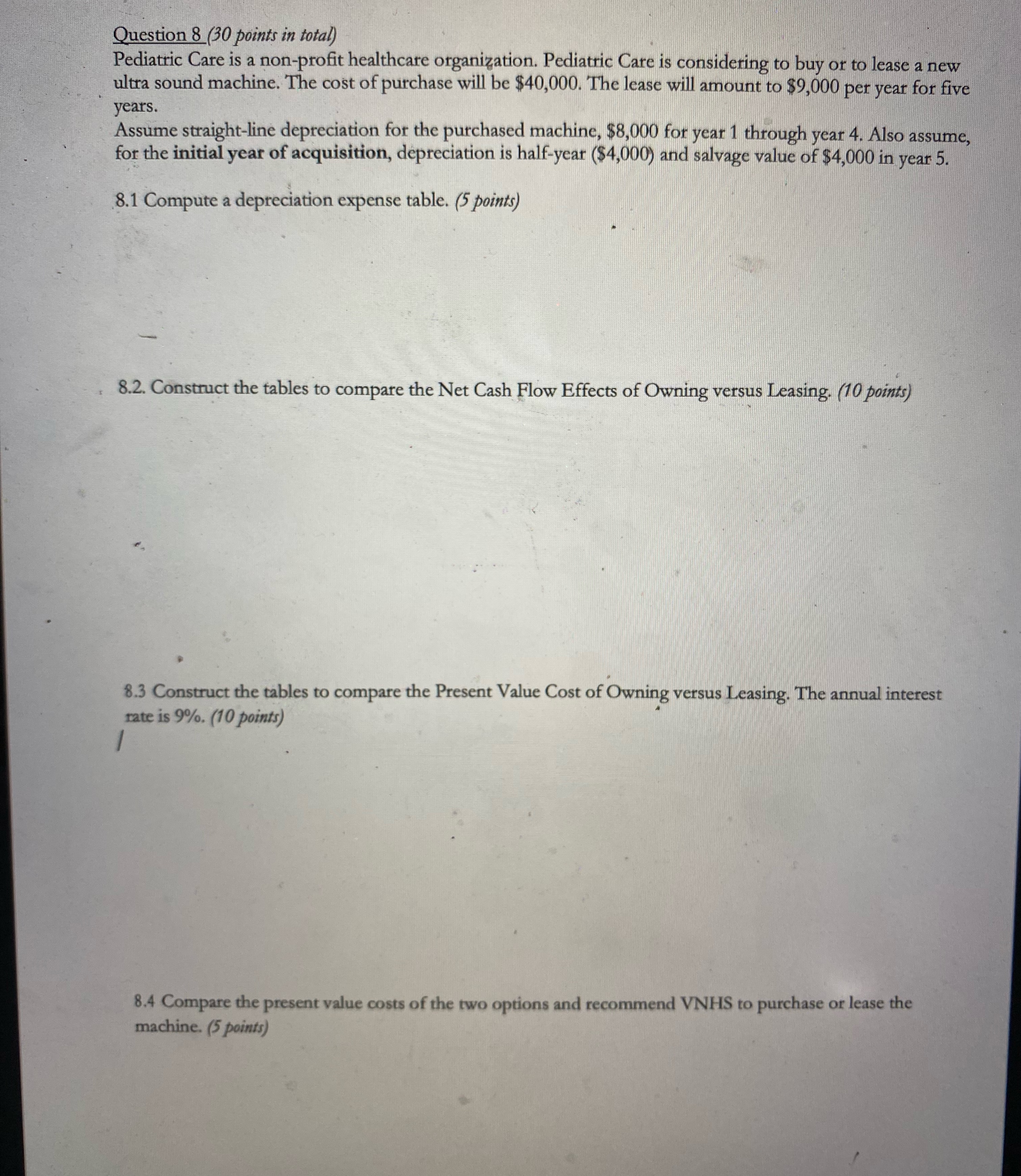  USING EXCELQuestion 8(30 points in total) Pediatric Care is a non-profit