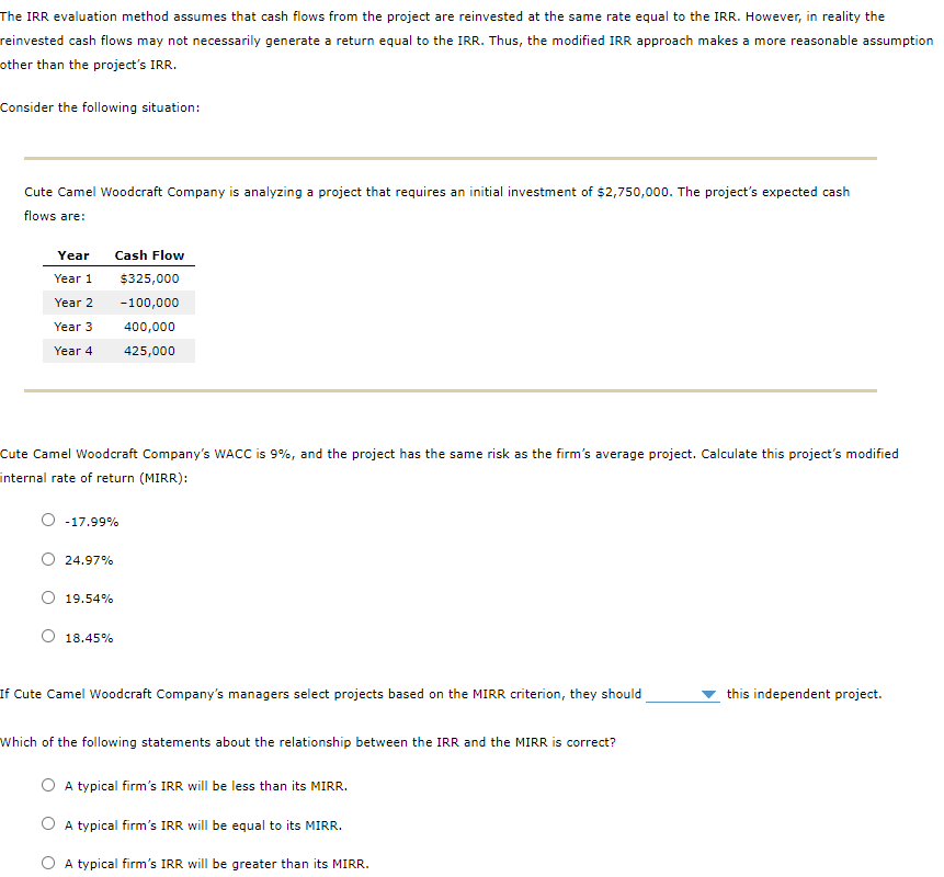  The IRR evaluation method assumes that cash flows from the project