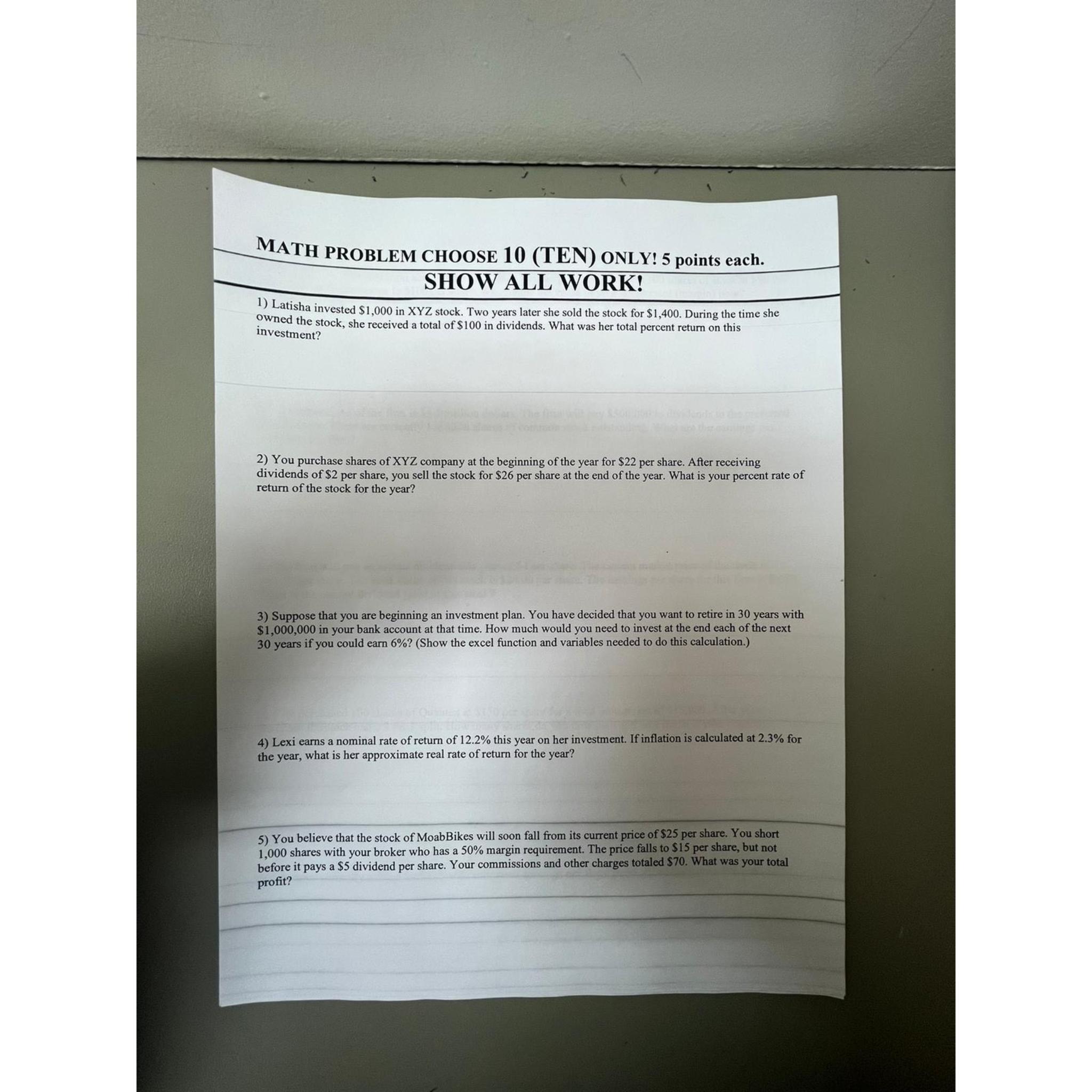  MATH PROBLEM CHOOSE 10(TEN) ONLY! 5 points each. SHOW ALL WORK!
