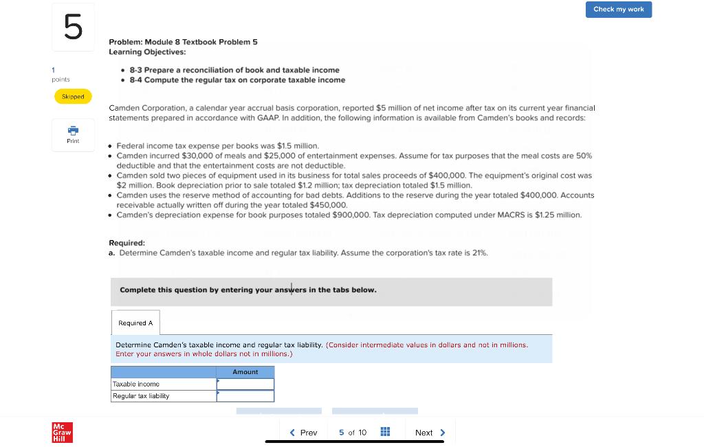  Check my work 5 LO Problem: Module 8 Textbook Problem 5