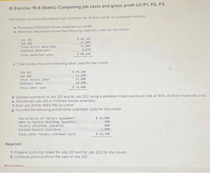  IE Exercise 15.6 (Static): Computing job costs and gross proflt LO