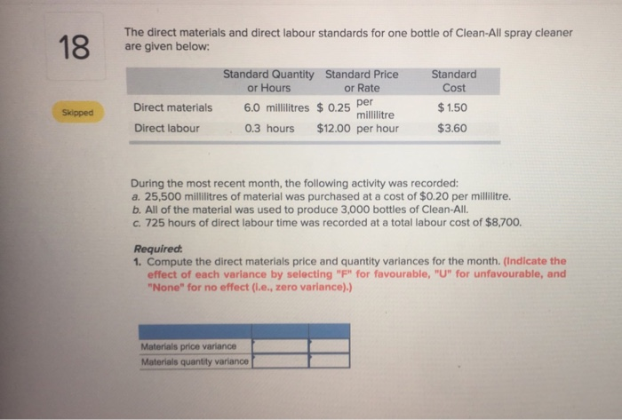  The direct materials and direct labour standards for one bottle of