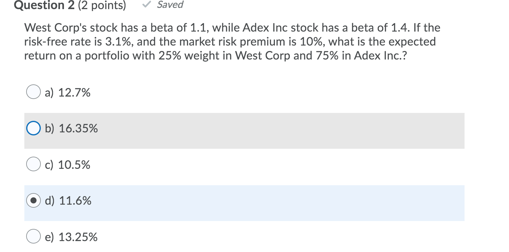  Question 2 (2 points) Saved West Corp's stock has a beta