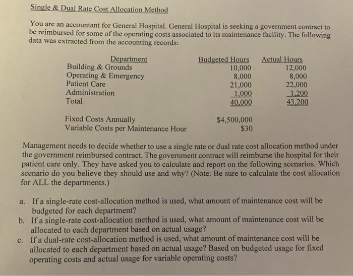 please show calculations Single \& Dual Rate Cost Allocation Method You are