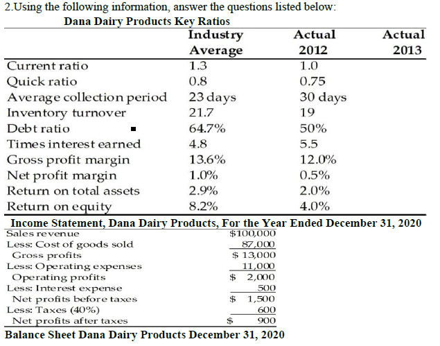  2. Using the following information, answer the questions listed below: Dana