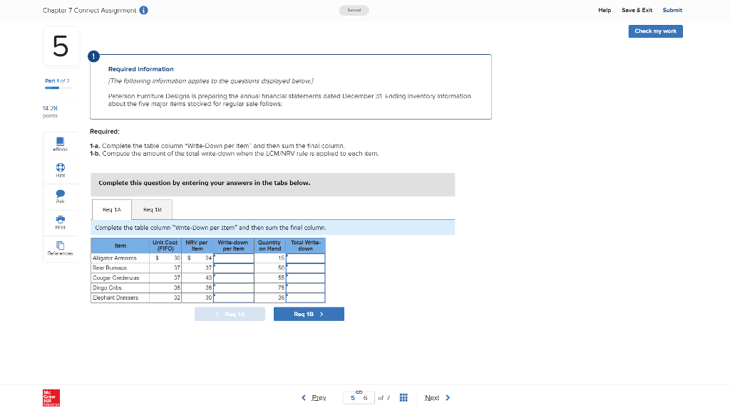 Req 1A. Req 1B. Chapter 7 Connect Assignment Help Save & Exit