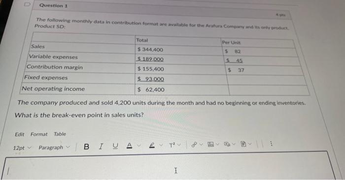  Question 1 The following monthly data in contribution format are available