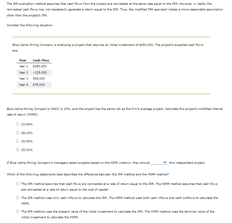 The IRR evaluation method assumes that cash flows from the project