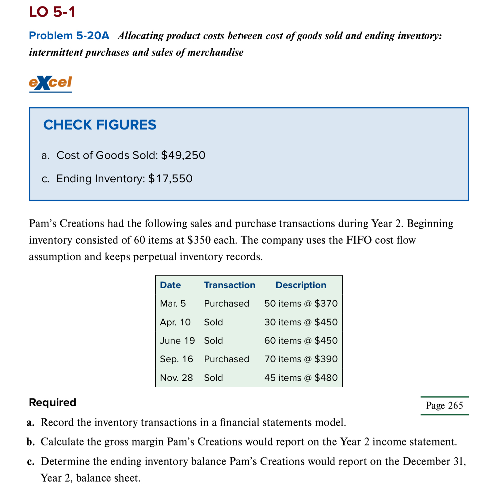  LO 5-1 Problem 5-20A Allocating product costs between cost of goods
