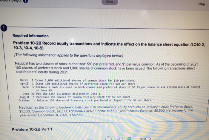  WUN Saved Help Required information Problem 10-2B Record equity transactions and