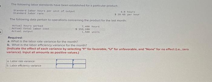 help please The following labor standards have been established for o particular